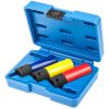 opengeslagen blauwe koffer met drie krachtdoppen in kleuren rood geel en blauw