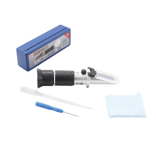 refractometer met pipet, stelschroevendraaier en microfiberdoek in opbergdoosje
